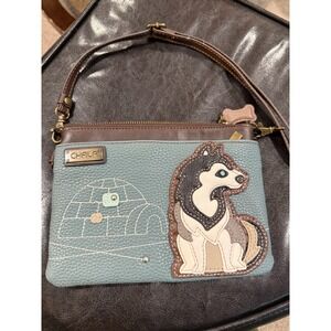 Chala Husky Dog Applique Crossbody Bag Blue Brown Vegan Leather Small Handbag